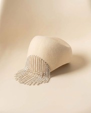 Vintage Ivory Felt Pillbox Hat Pearl Fringe Cocktail Hat 1960s Couture