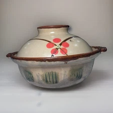 Japanese Earthenware Donabe Clay Pot With Lid Casserole Floral Design