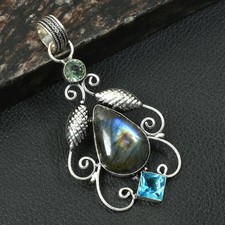 Labradorite Blue Topaz Gemstone Ethnic Handmade Pendant Jewelry 2.8