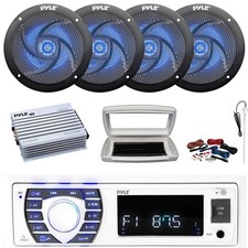 Pyle 1-DIN Marine MP3 Radio W/Cover, 4x 4" 100W Max Blue LED Speakers, Amplifier