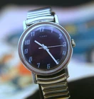 Strong running vintage 1974 Timex Sprite deep blue dial men's wristwatch.