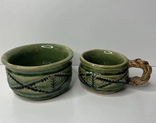 Vintage Green Studio Art Pottery Bowl and Mug / Cup w/Crazing