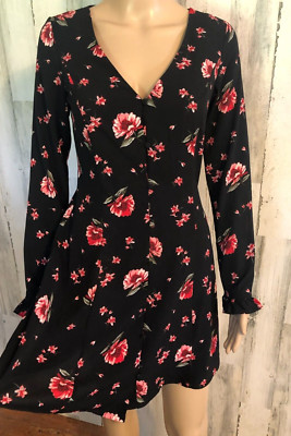 Divided by H&M Black Floral Dress Sz 6 NWT Button Front  Ruffle Cuff