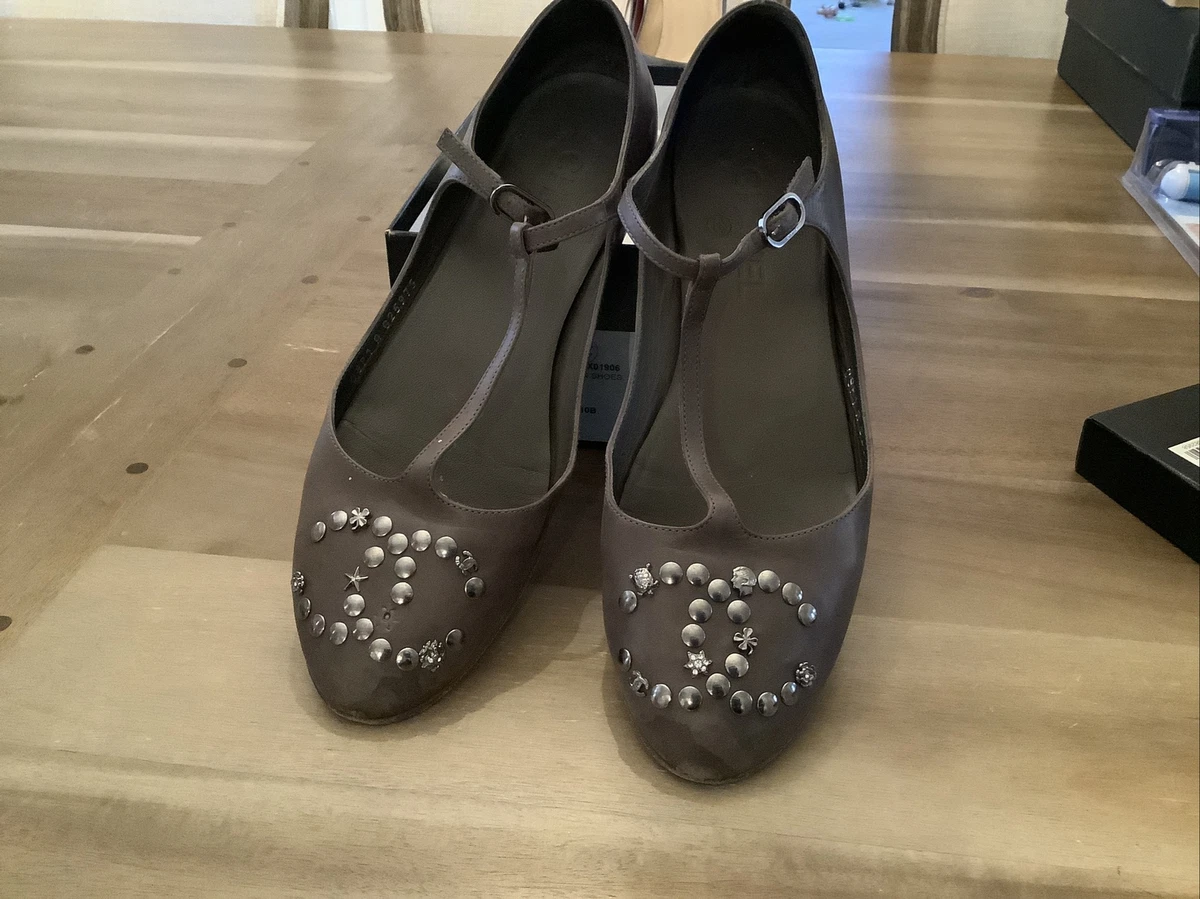 Chanel T Strap Flats, Grey Leather 38.5, Embellished, Unique Design