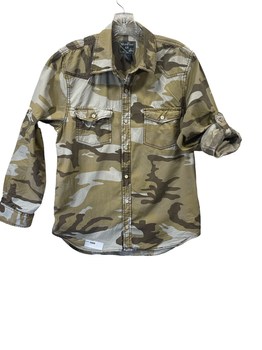 WEAR FIRST MENS SHIRT SIZE M PEARL SNAP FRONT CAMO CONVERTIBLE LONG SLEEVE