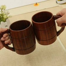 2X Vintage Handcrafted Wood Wooden 300mL Milk Beer Mug Handmade Tea Drink Cup
