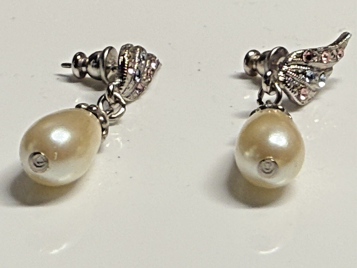 Vintage Earrings Stud Dangle Drop Faux Pearl Cubic Zirconia Silver Tone Metal - Picture 9 of 9