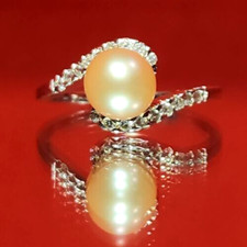 Vintage Sterling Silver Glass Cultured Pearl Bypass Solitaire Ring June - Size 8