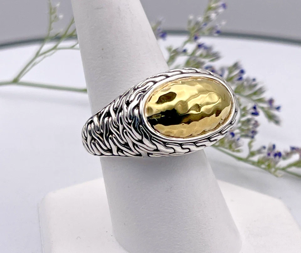 Anillo John Hardy Plata de Ley Oro 22K Cadena Ovalada Martillado Cúpula Talla 9