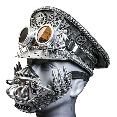 Metallic Silver Steampunk Captain Cap w/ Silver Robot Mask & Spike Goggles