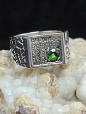 Sterling Silver 925 synthetic,emerald ,baroque sides, Signet,, sz 9.5,men,biker