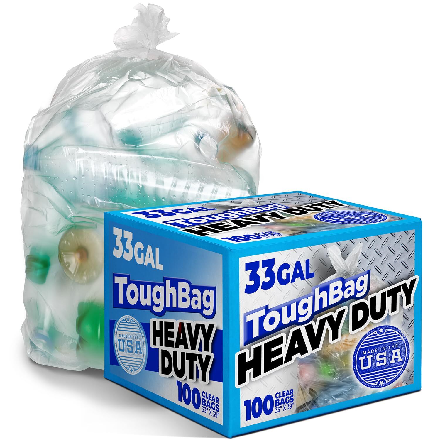 33 Gallon Clear Trash Bags (100 Count) Recycling Bag, Garbage Can Liners– Cle...