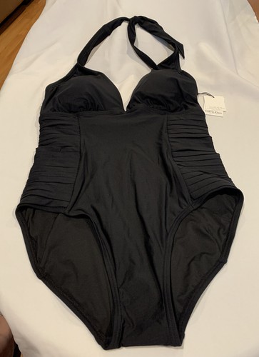 Calvin Klein Side-Pleated Halter One Piece Swimsuit Black Sz 12 - 第 1/5 張圖片