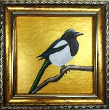 Magpies Bird Painting original Black Bird artwork 4x4 small hand painting Framed
