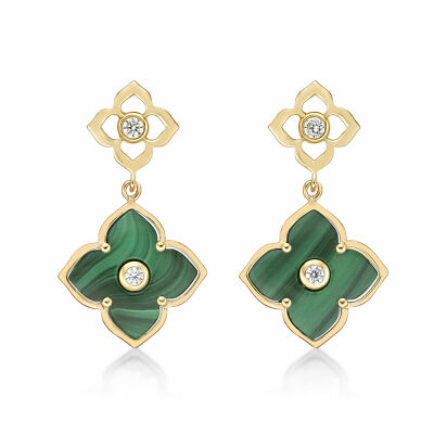 Malachite Flower Dangling Drop Earrings 925 Sterling Silver Yellow Gold Plating