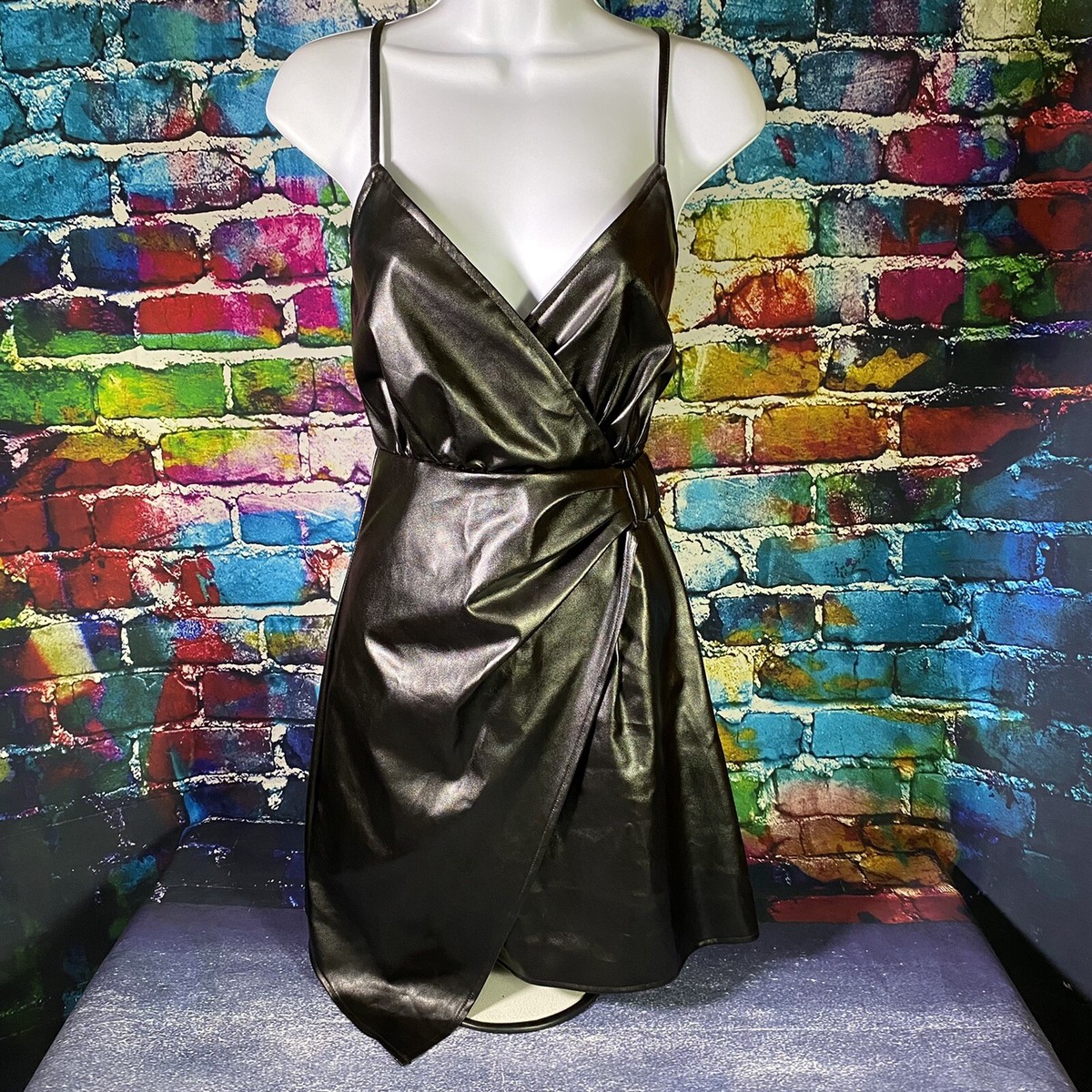 SHEIN Zip Back Faux Leather Knee Length Wrap Style Dress Womens Sz S SHEIN Zip Back Faux Leather Knee Length Wrap Style Dress Womens Sz S