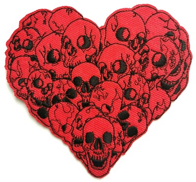 Bestickter Aufnäher Herz Totenköpfe Tod Liebe rot Leben Skelette Gothic Bügelbild 3''