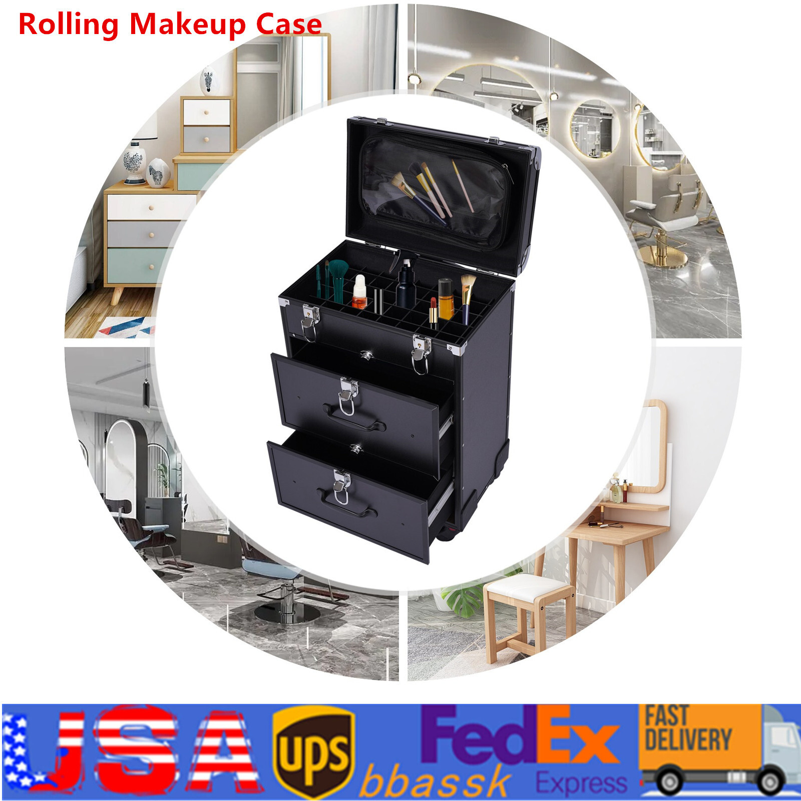 Rolling Makeup Train Case Cosmetic Professional Trolley Makeup Storage Organizer
