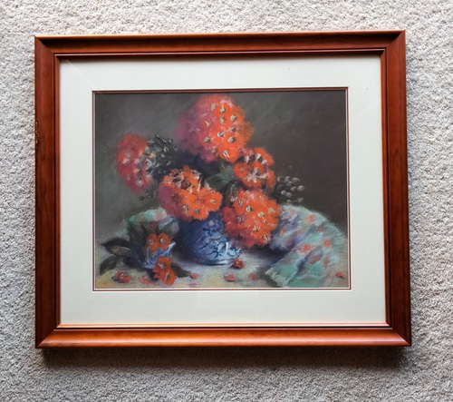Molly Roche-Australian Artist-Red Gum Flowers in Vase-Pastel-Framed Under Glass