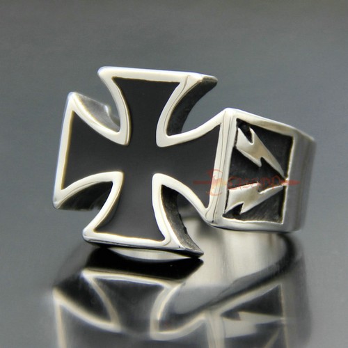 Silver Stainless Steel Knights Templar German Iron Cross Pattée Men's Biker Ring - Picture 1 of 8