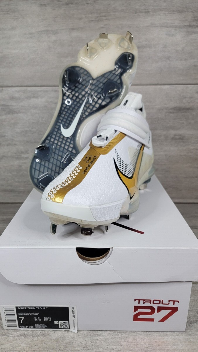 Nike Men US 8.5 Force Zoom Trout 7 Pro Mid Baseball Cleats White/Gold C13134-106 Nike Force Zoom Trout 7 Pro White Metallic Gold for Sale  main image 3