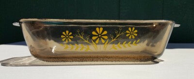 Vintage GLASBAKE Oval Daisy Casserole Dish - Brown Glass w/ Textured Bottom
