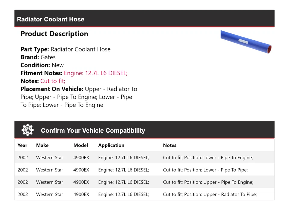 Portões de mangueira de líquido refrigerante radiador diesel Western Star 4900EX 12.7L L6 2002 - Imagem 2 de 4