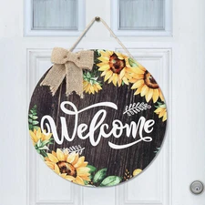 12 x 12 Inch Sunflower Welcome Sign for Front Door, Round Wooden Large Summer...