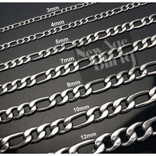 Stainless Steel Figaro Chain Bracelet Link Men Women Necklace 3/4/5/7/9/10/12mm