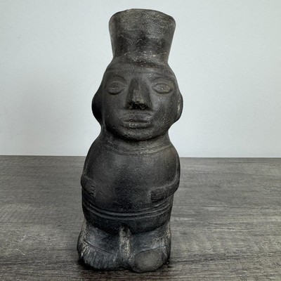 Antique Black Pottery Chimu Vessel Handcrafted Pre-Columbian Style Human Figure