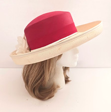 VTG Miss Bierner Straw Hat Ivory Red Crown Floral Trim Church/Wedding/Derby