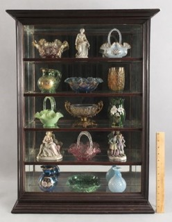 Antique Mirrored Glass Wood Locking Miniature Collection Display Cabinet Shelf