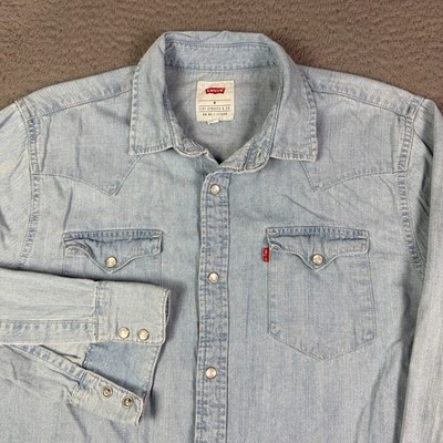 Levis Shirt Mens M Blue Washed Denim Pearl Snap Western Rodeo Work Long Sleeve