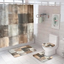 4PCS Brown Grey Abstract Shower Curtain Set, with Non-Slip Rugs, Lid Cover an...