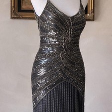 VINTAGE SUE WONG BLACK BEADED SEQUIN FRINGE DRESS SIZE 4 ART DECO EVENING DRESS