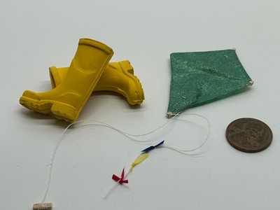 Vintage Miniature Kite & Yellow Rubber Boots Dollhouse Accessories