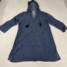 Tommy Bahama Dress Womens Large Blue Chambray Hooded Cover Up Popover Tassel