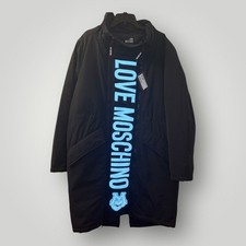 Love Moschino Cappotto Parka Uomo Lungo Nero Riflettente Grande Logo IT 52 Large Nuovo con etichette
