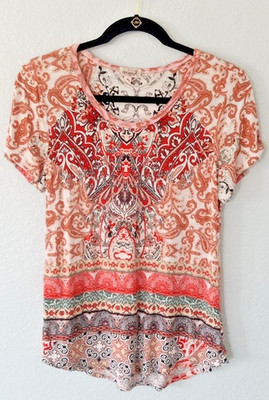 One World Women's Size M Printed Short Sleeve Sheer Top Shirt Multicolor Stretch