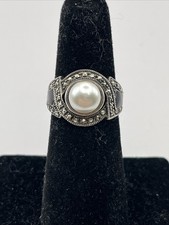 Vintage Silver Pearl Marcasite Onyx Statement Ring Size 6