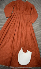 Civil War Victorian Cotton Day Dress Handmade Deep Coral wRed Leaf Print - L/XL