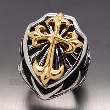 Men Heavy Silver Fleur De Lis Gold CROSS Stainless Steel Ring US Size 7-15