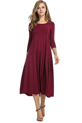 DAMEN DAMEN UNI JERSEY SWING KLEID FREIZEIT LANGARM MIDIKLEIDER SKATER - Bild 9 von 40
