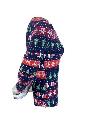 Junior Womens Christmas Print Navy Blue Long Sleeve Fitted V Neck Shirt Small - Picture 5 of 7