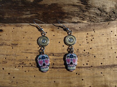 Stainless Steel Bullet Earrings with Pink Sugar Skull Charms. Optional Crystals.