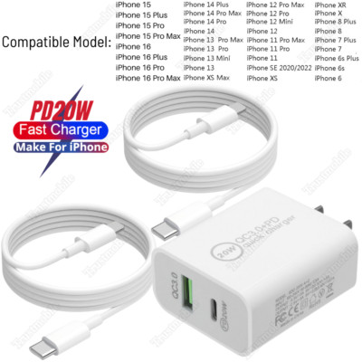 Fast Wall Charger 20W PD USB C Type C Adapter Cable For iPhone 14/13/12/11/XR XS