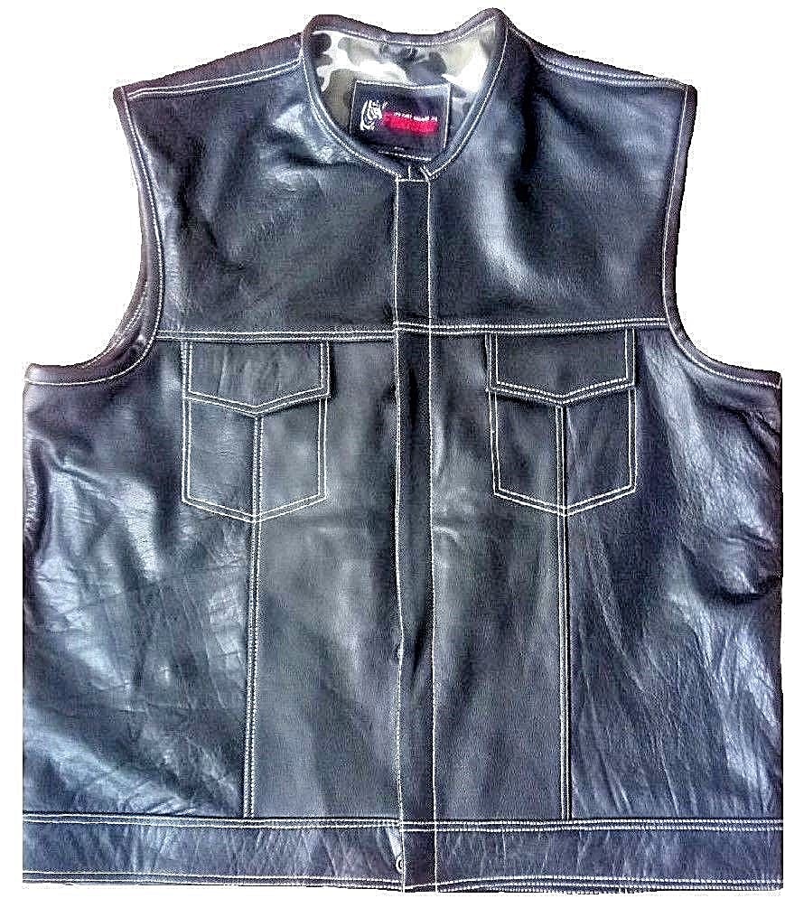Motorcycle Vest Leather Collarless Denim Styled Rider Camo Lining Leather Vest