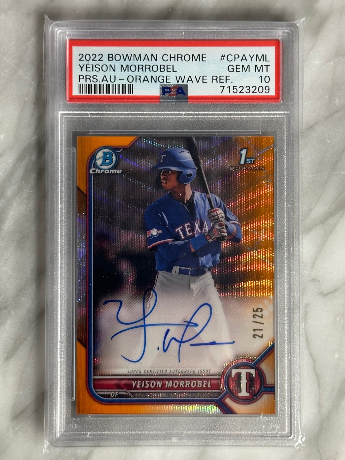 2022 Bowman Chrome YEISON MORROBEL RC AUTO ORANGE WAVE REFRACTOR /25 PSA 10 1ST