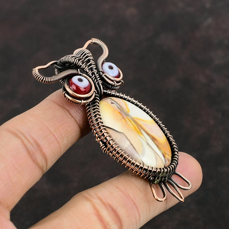 Colgante Búho Envuelto Alambre Mal de Ojo Color Rojo Mookaite Brecciado Natural Cobre Foto 4 de 4