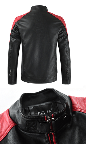 New men's standing collar color matching zippered cardigan leather jacket - Picture 11 of 20